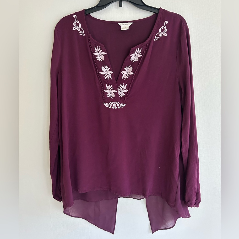 ARIAT Poet Top Burgundy Floral Embroidery Sheer Overlay Blouse Tunic Boho Size L - Picture 3 of 16